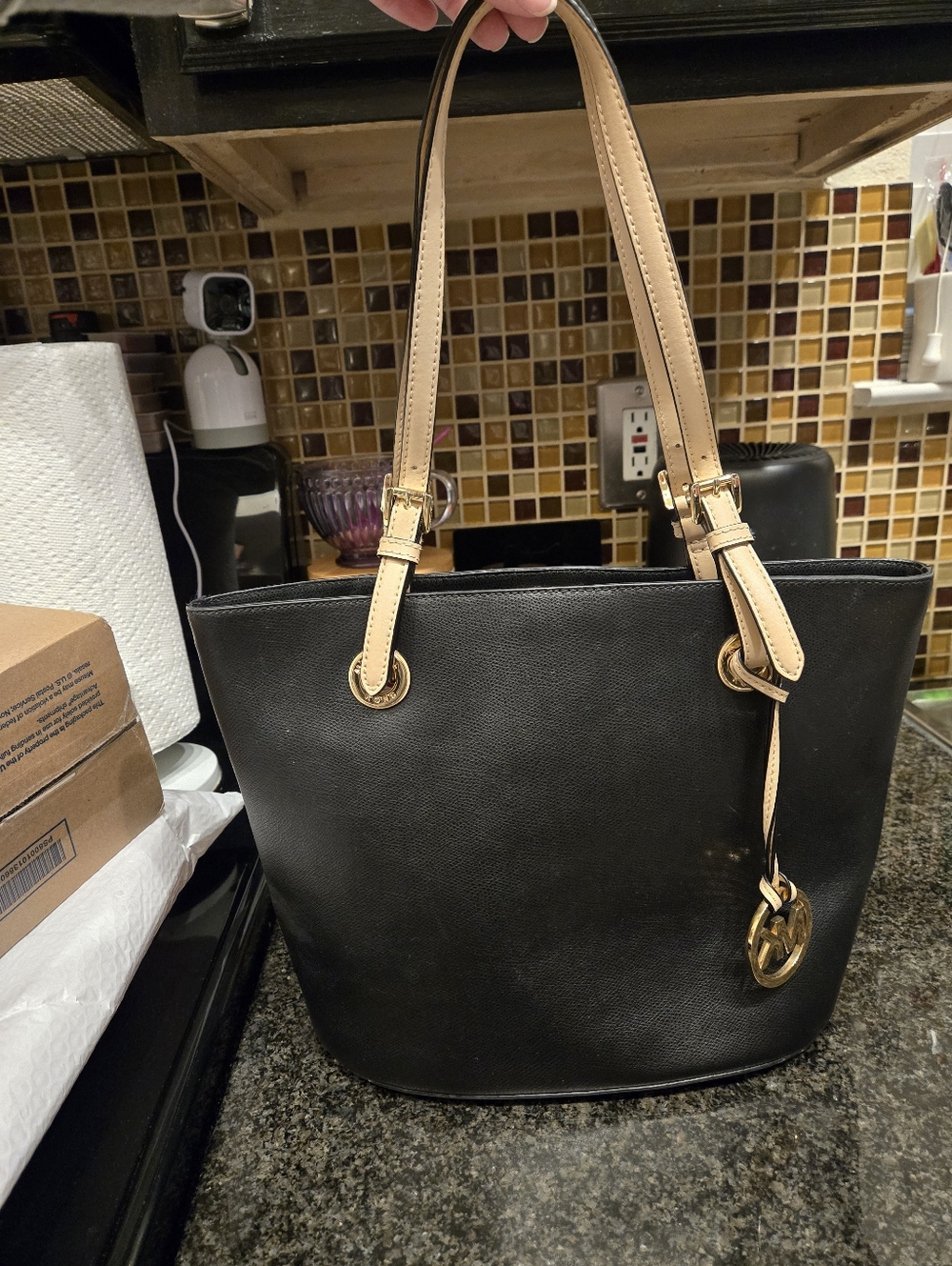 Michael Kors Black Tote Bag with Tan Straps